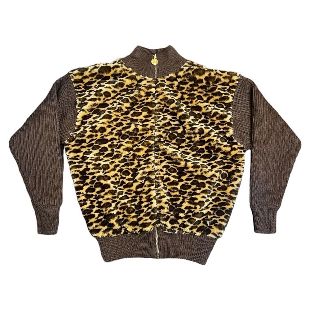 Vintage Marshall Rousso Zip Faux Cheetah Fur Brown Ribbed Sweater Size Large